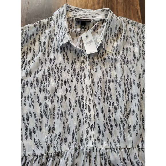 New Lane Bryant Button Up Sheer Peplum Top Leaf Pattern White Black Silver 22/24 - Picture 3 of 8